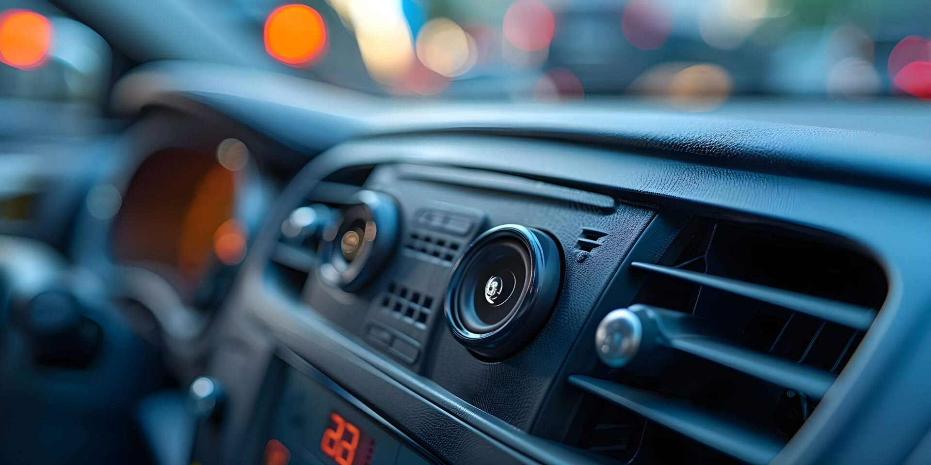 Nahaufnahme der Lüftungsdüsen und Bedienelemente der Klimaanlage im Auto. Reifendienst Böhme in Vetschau bietet Klimaservice.