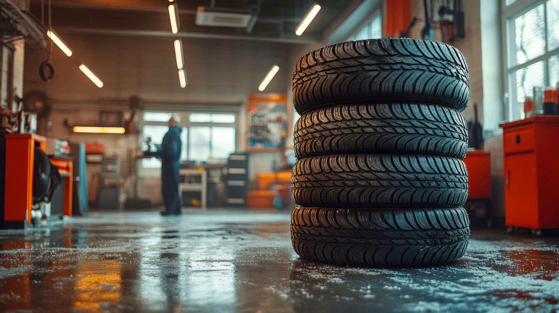 Uniroyal Reifen in Vetschau | Reifendienst Böhme Ein Stapel von vier Uniroyal RainExpert Reifen in einer Werkstatt. Reifendienst Böhme in Vetschau bietet eine Auswahl an Qualitätsreifen.