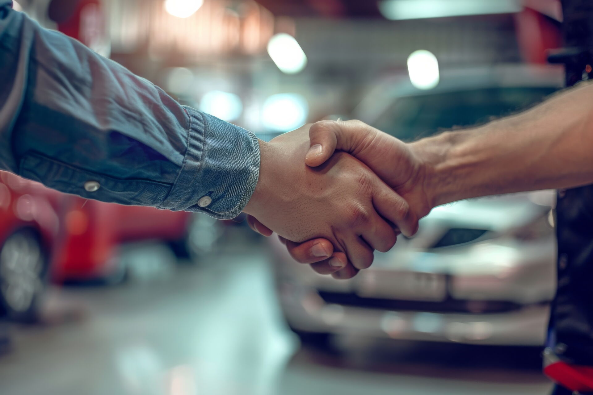 Vertrauensvoller Service in Vetschau | Reifendienst Böhme Ein Händedruck in einer Autowerkstatt vor unscharfen Autos. Reifendienst Böhme in Vetschau – Ihr zuverlässiger Partner.