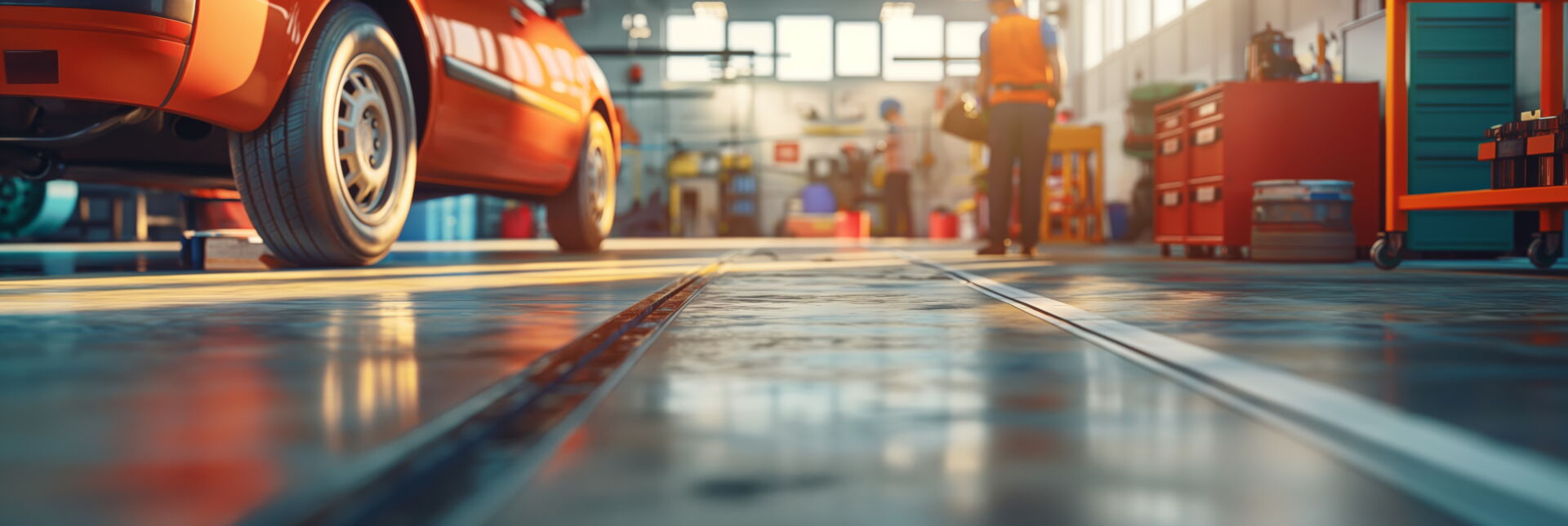Bodenperspektive einer Autowerkstatt mit orangefarbenem Auto und Mechaniker im Hintergrund. Reifendienst Böhme in Vetschau.