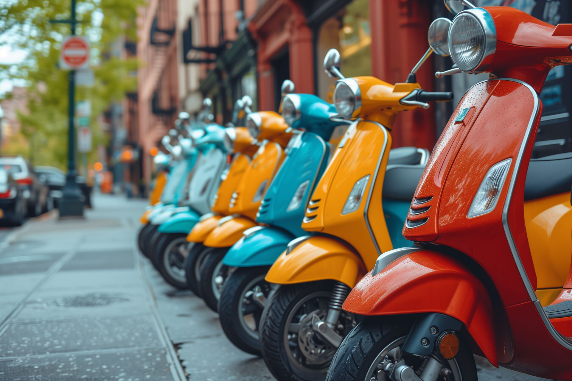 Eine Reihe bunter Vespa-Roller (rot, orange, türkis, weiß) parkt am Straßenrand. Reifendienst Böhme in Vetschau bietet Reifenservice für Roller.